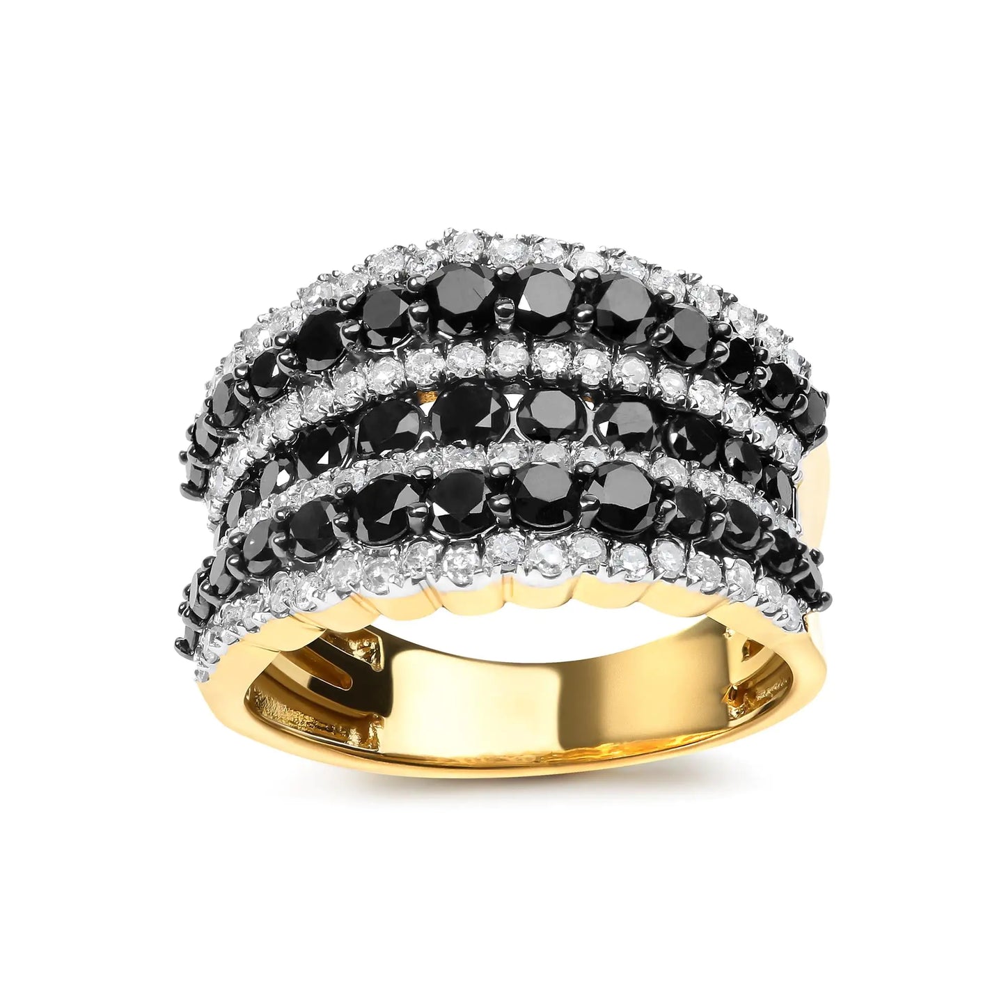 14K Yellow Gold Plated .925 Sterling Silver 1 3/4 Cttw Treated Black and White Alternating Diamond Multi Row Band Ring (Black)