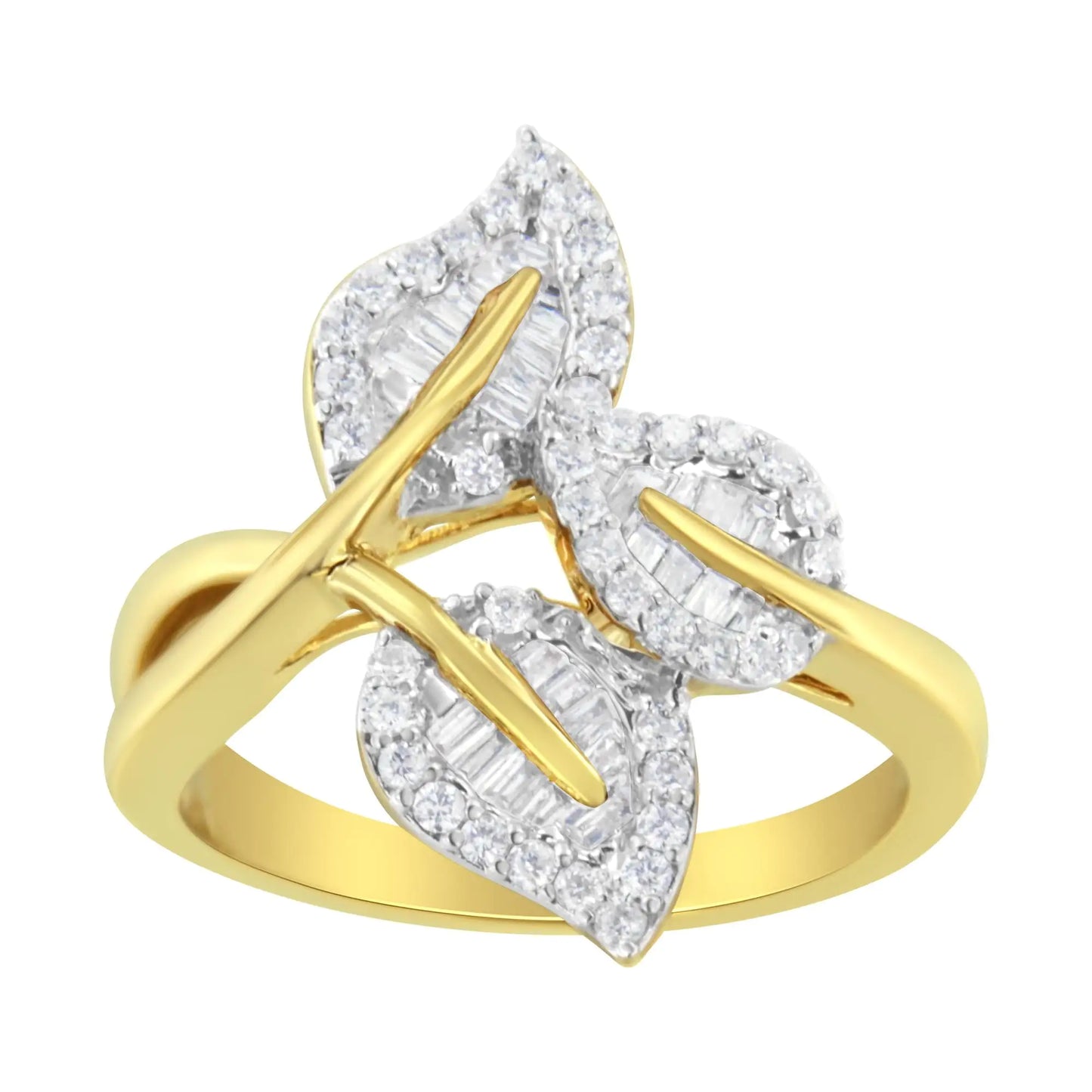 18K Yellow and White Gold Plated .925 Sterling Silver 3/8 Cttw Baguette and Round Diamond Bypass Triple Leaf Ring