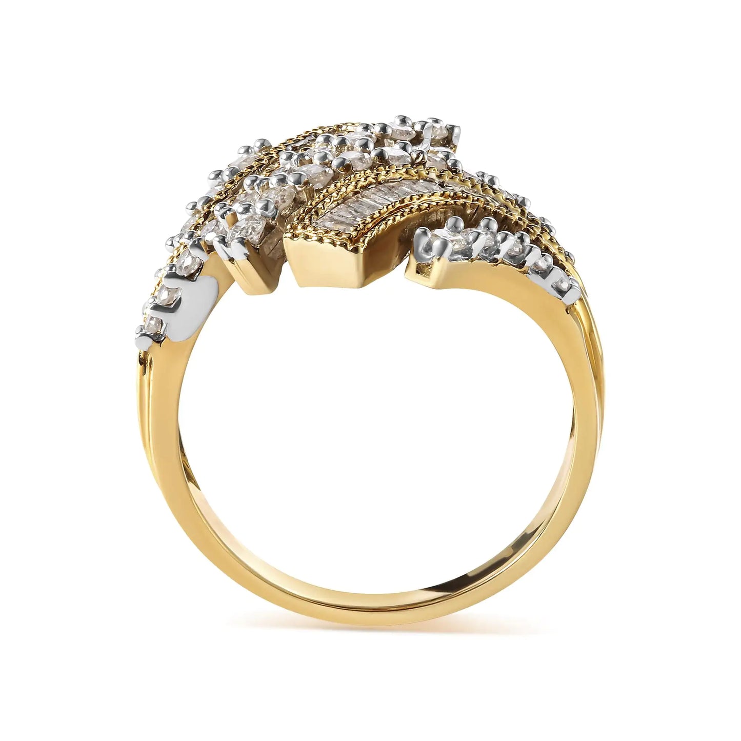 10K Yellow Gold 1.0 Cttw Round and Baguette Diamond Woven Bypass Ring